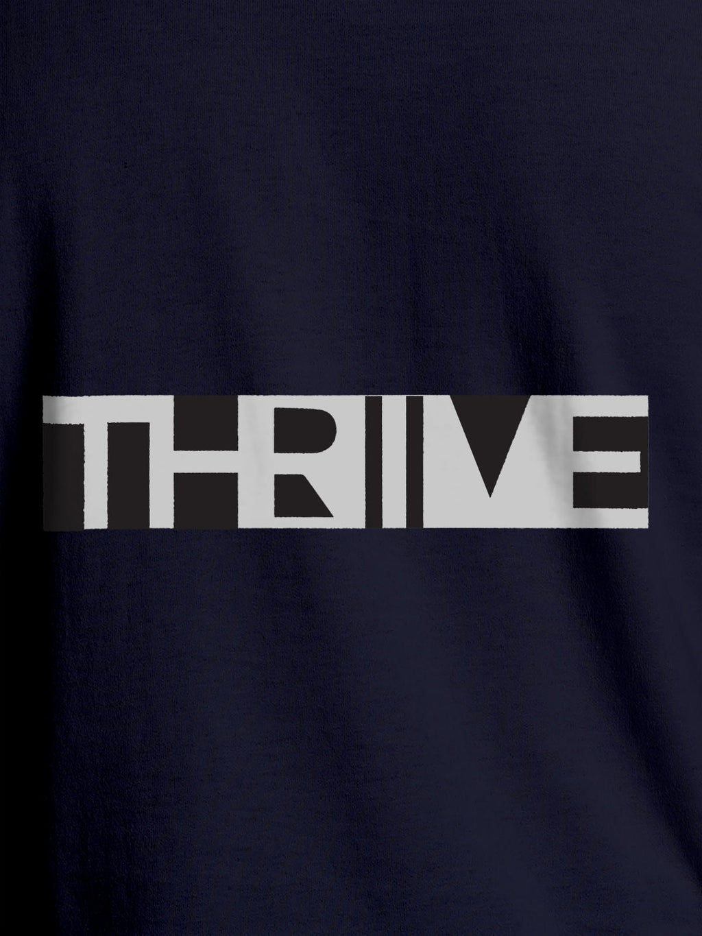 Close up of 'Thrive' design on Women's Navy Blue Round Neck T-shirt, highlighting intricate details and vibrant print.