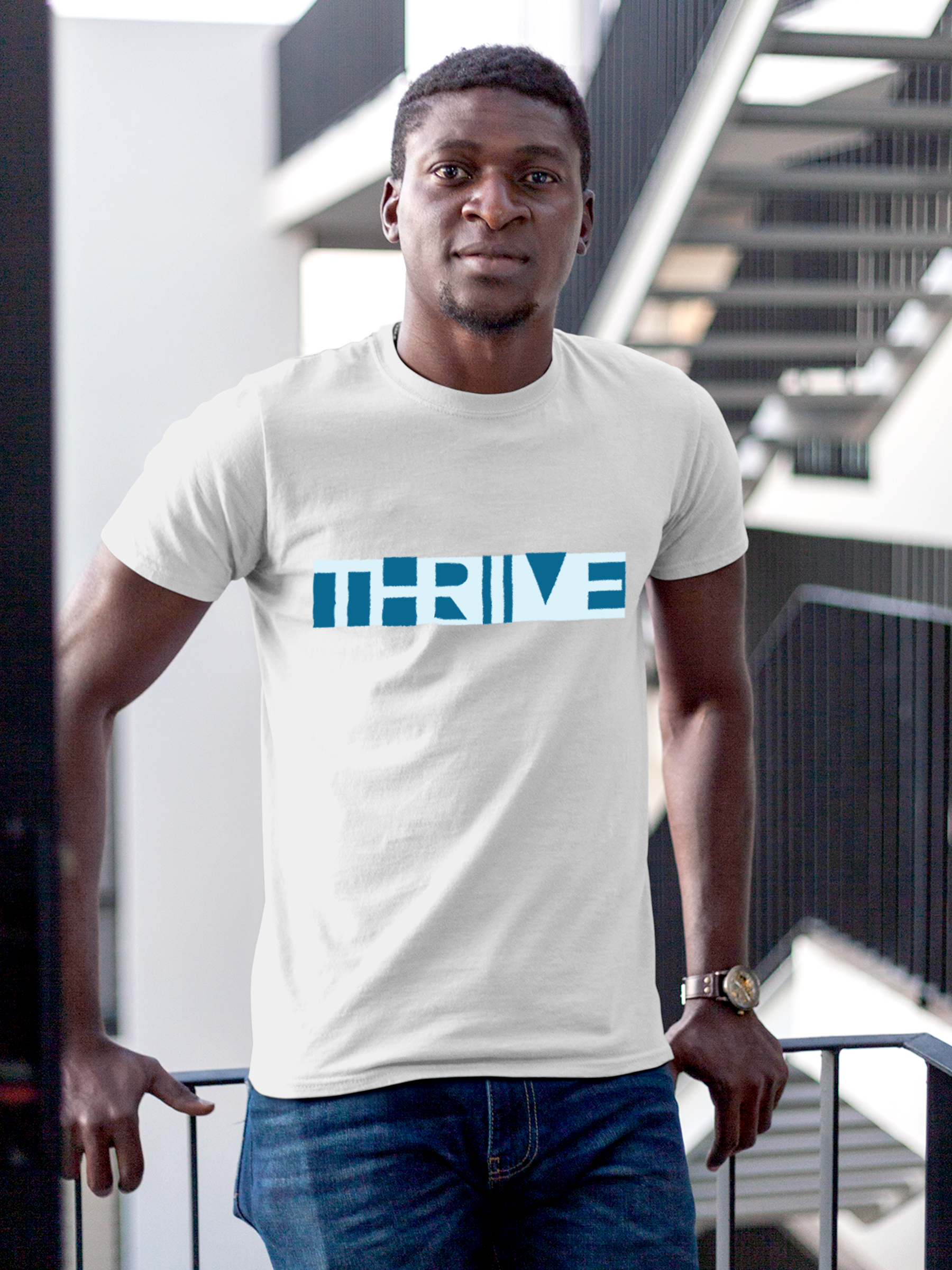 Fighterhero T-shirts: Model wearing Men's White Round Neck T-shirt with 'Thrive' design