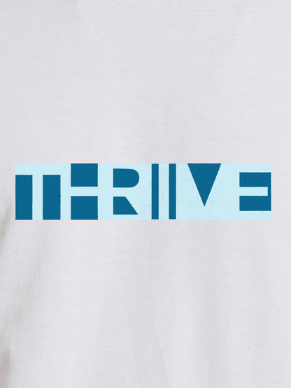 Close up of 'Thrive' design on Men's White Round Neck T-shirt, highlighting intricate details and vibrant print.