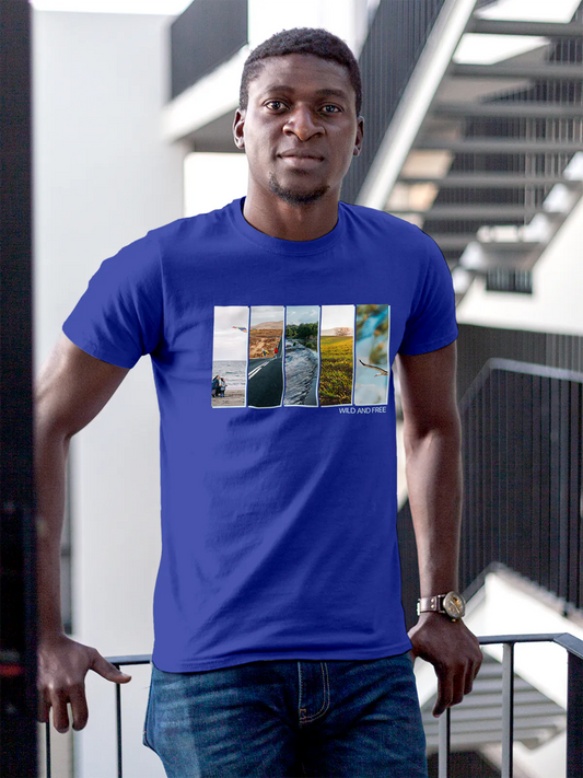Fighterhero T-shirts: Model wearing Men's Blue Round Neck T-shirt with 'Wild & Free' design