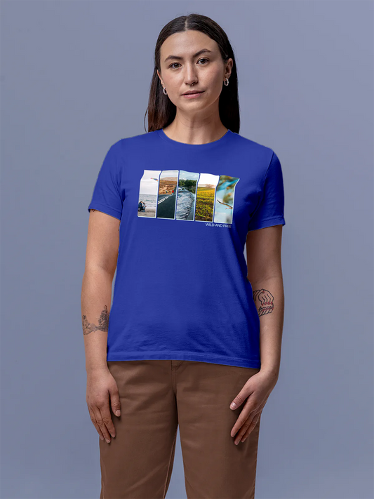 Fighterhero T-shirts: Model wearing Women's Blue Round Neck T-shirt with 'Wild & Free' design