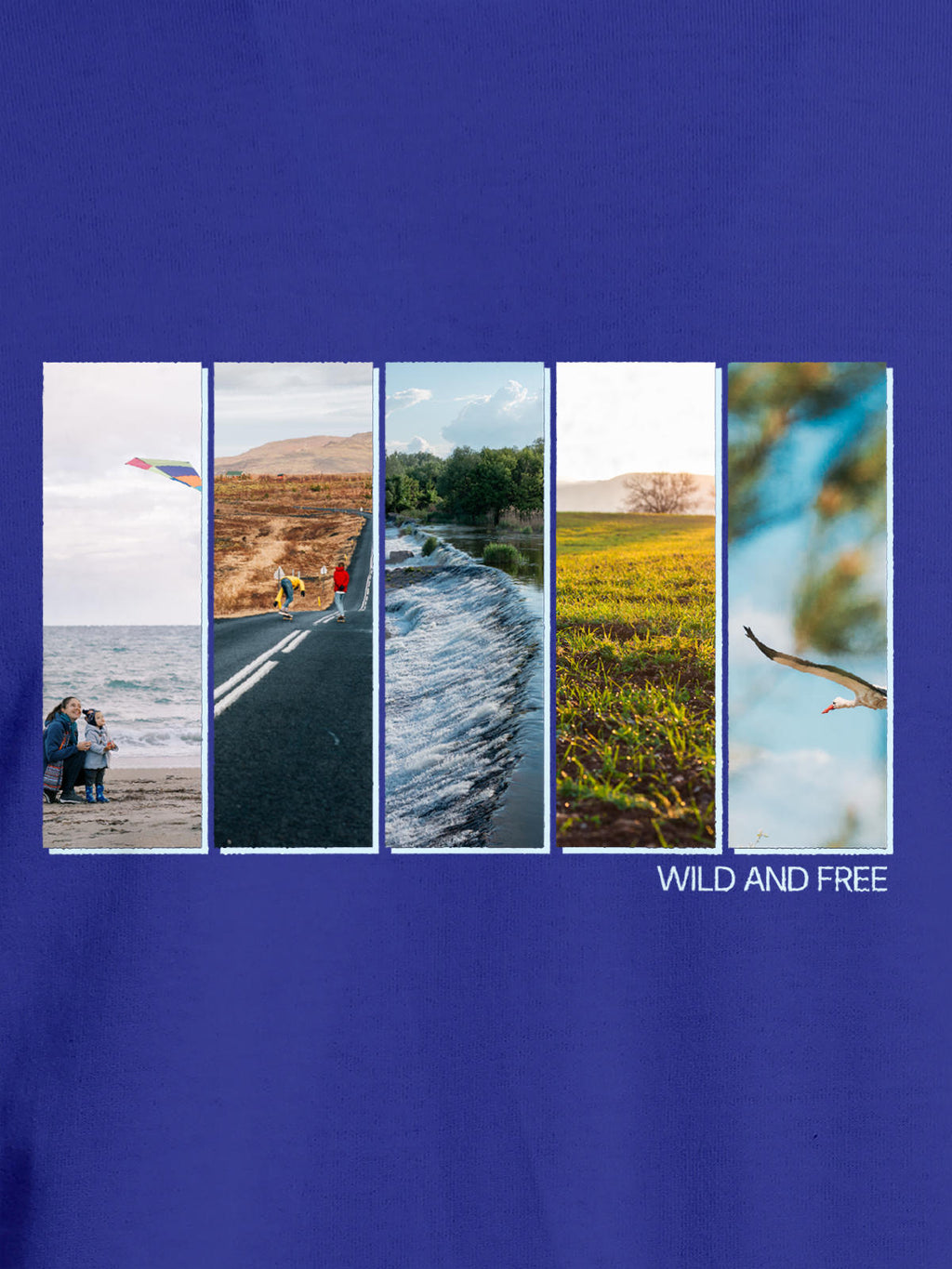 Close up of 'Wild & Free' design on Women's Blue Round Neck T-shirt, highlighting intricate details and vibrant print.