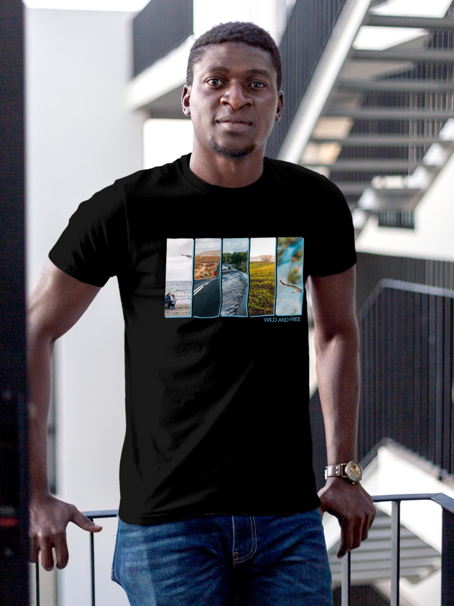 Model wearing Men's Black Round Neck T-shirt with 'Wild & Free' design, offering effortless style and premium comfort
