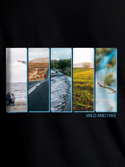 Close up of 'Wild & Free' design on Men's Black Round Neck T-shirt, highlighting intricate details and vibrant print.