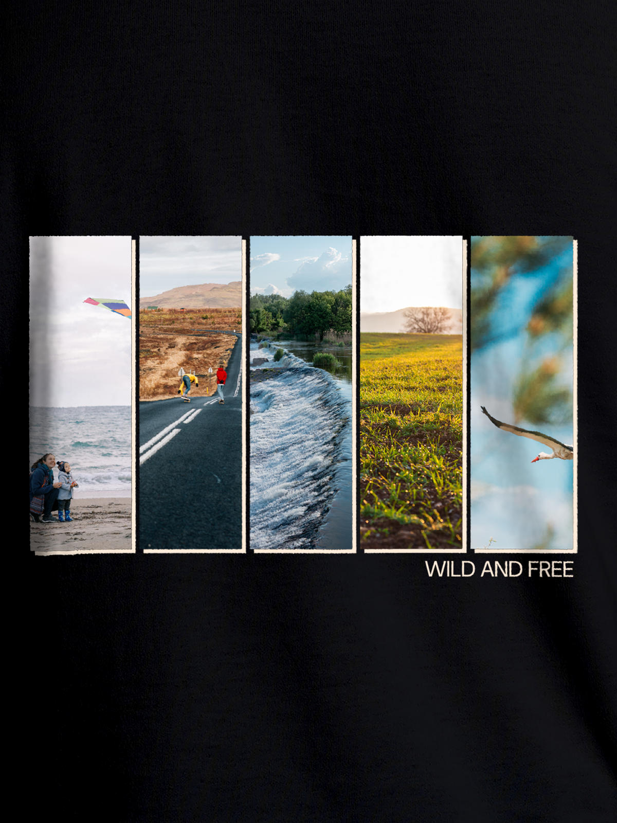 Close up of 'Wild & Free' design on Men's Black Round Neck T-shirt, highlighting intricate details and vibrant print.