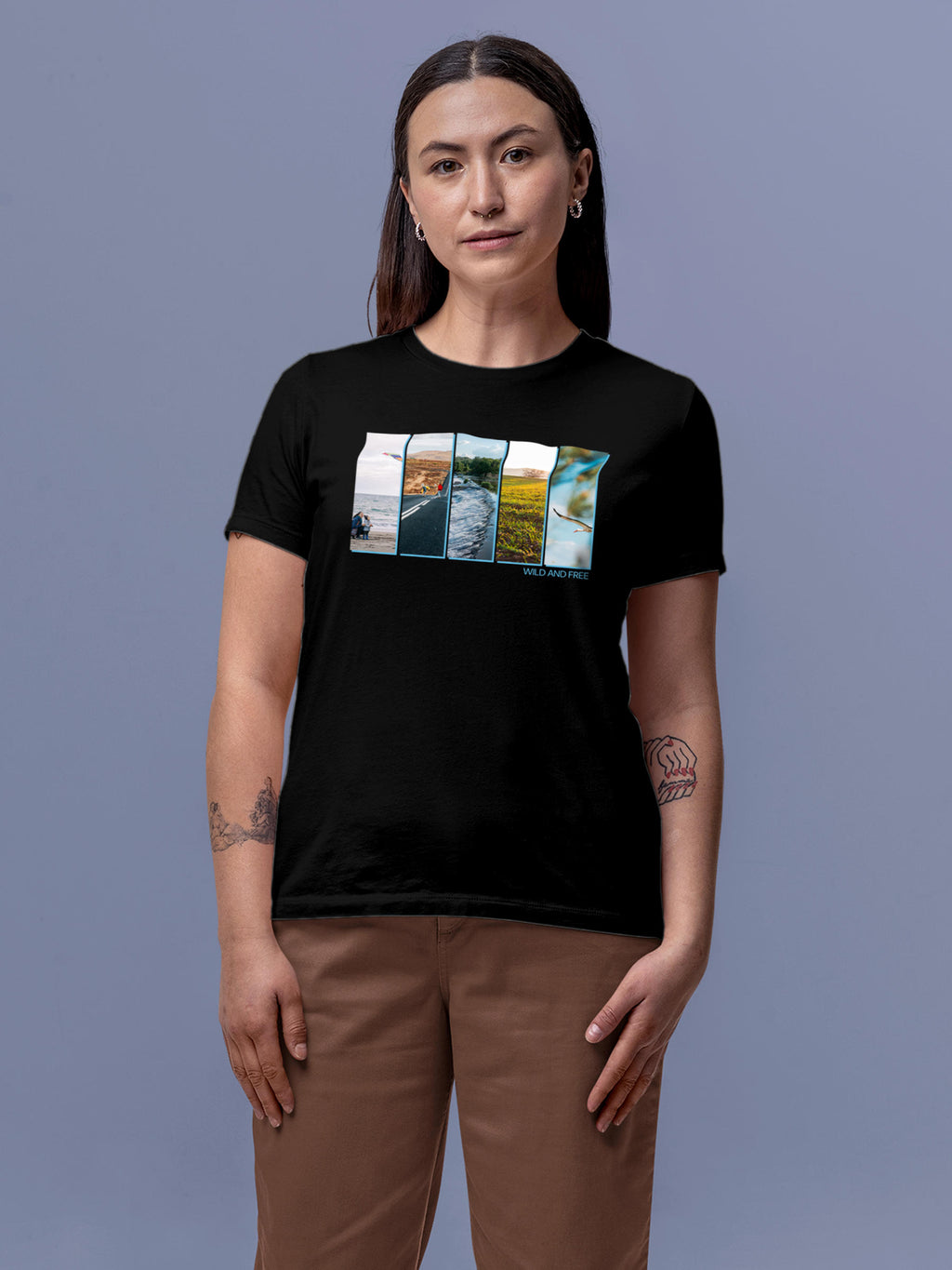 Model wearing Women's Black Round Neck T-shirt with 'Wild & Free' design, offering effortless style and premium comfort