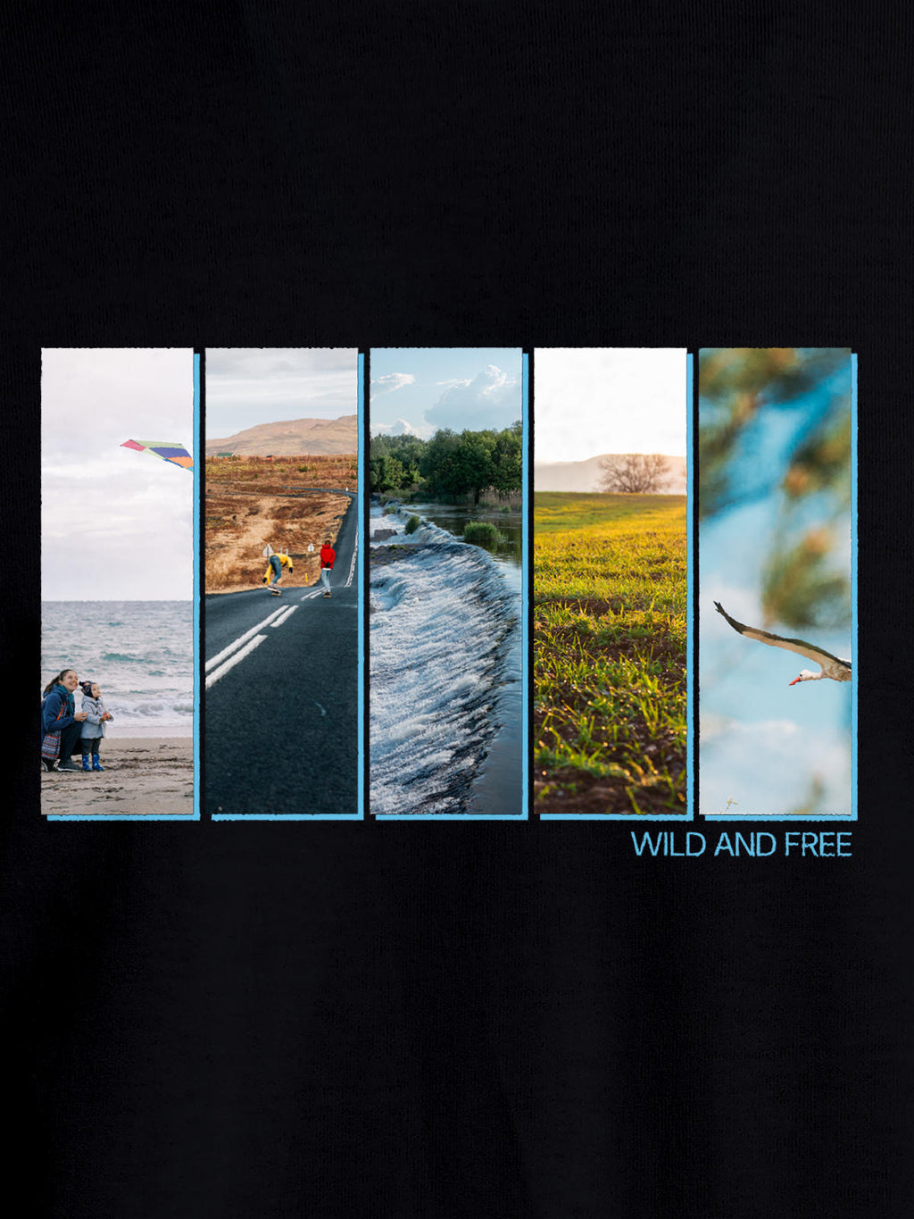 Close up of 'Wild & Free' design on Women's Black Round Neck T-shirt, highlighting intricate details and vibrant print.