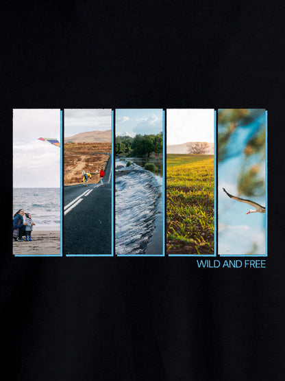 Close up of 'Wild & Free' design on Women's Black Round Neck T-shirt, highlighting intricate details and vibrant print.