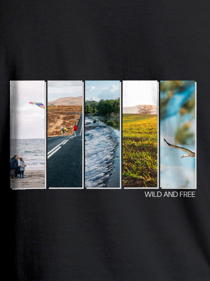 Close up of 'Wild & Free' design on Men's Dark Grey Round Neck T-shirt, highlighting intricate details and vibrant print.