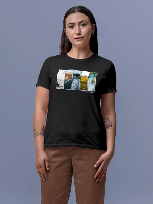 Fighterhero T-shirts: Model wearing Women's Dark Grey Round Neck T-shirt with 'Wild & Free' design