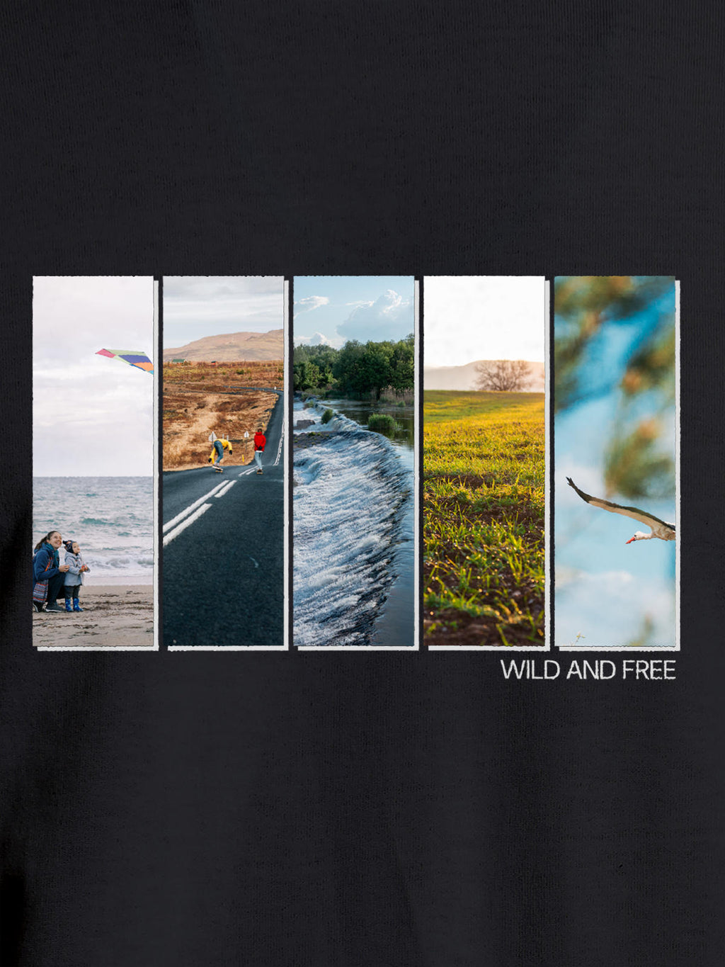 Close up of 'Wild & Free' design on Women's Dark Grey Round Neck T-shirt, highlighting intricate details and vibrant print.