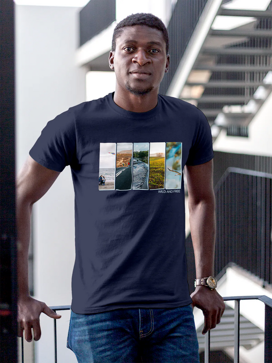 Fighterhero T-shirts: Model wearing Men's Navy Blue Round Neck T-shirt with 'Wild & Free' design