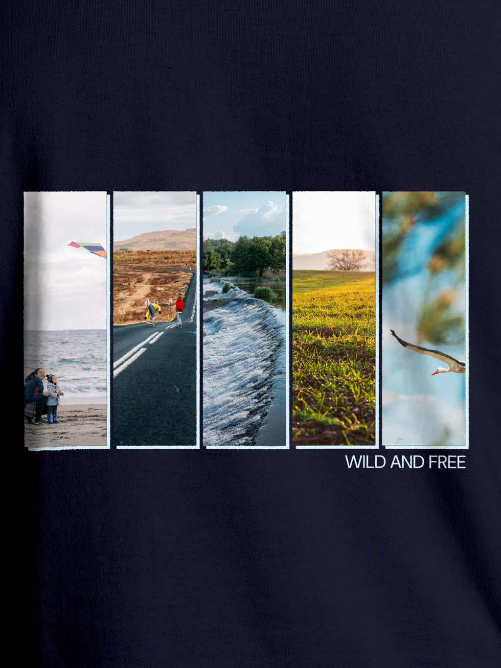 Close up of 'Wild & Free' design on Men's Navy Blue Round Neck T-shirt, highlighting intricate details and vibrant print.