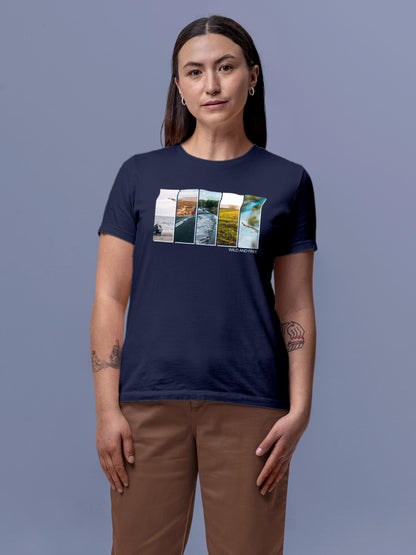 Model wearing Women's Navy Blue Round Neck T-shirt with 'Wild & Free' design, offering effortless style and premium comfort