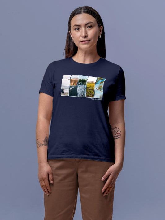 Model wearing Women's Navy Blue Round Neck T-shirt with 'Wild & Free' design, offering effortless style and premium comfort