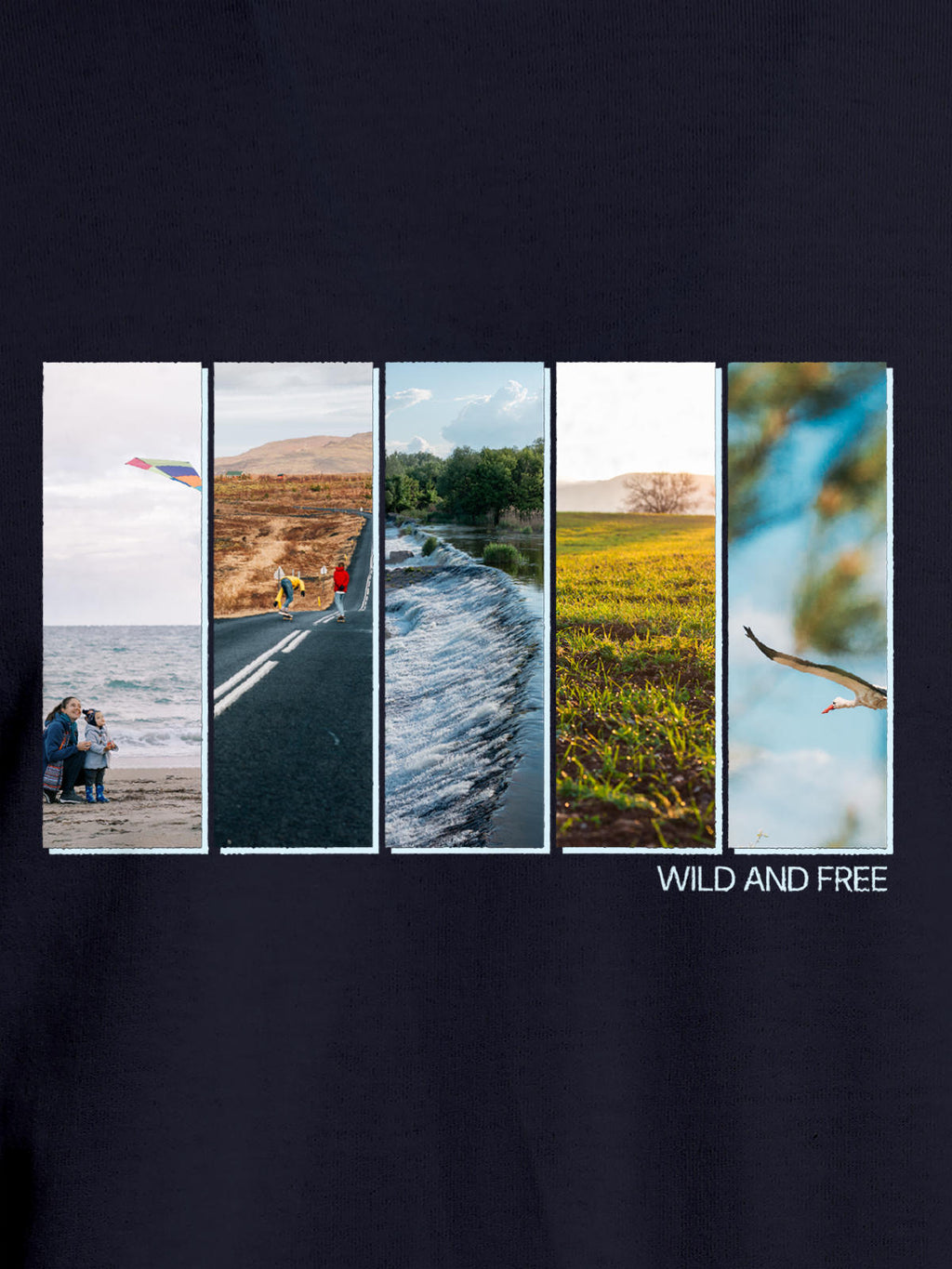 Close up of 'Wild & Free' design on Women's Navy Blue Round Neck T-shirt, highlighting intricate details and vibrant print.