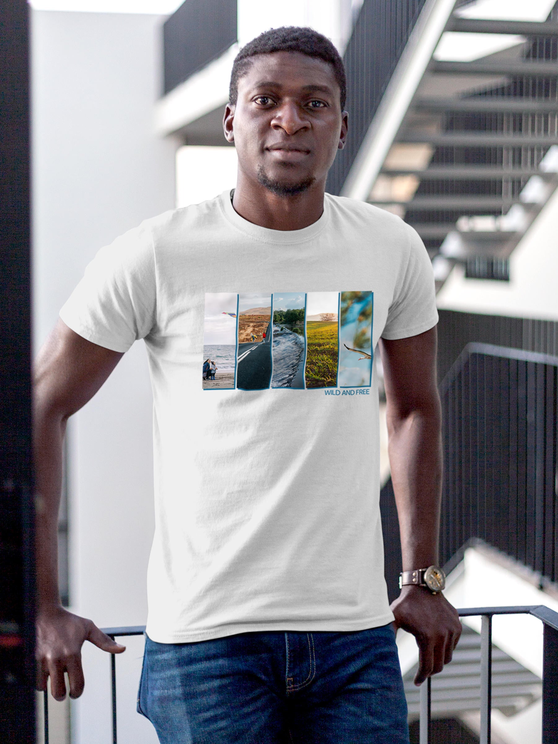 Model wearing Men's White Round Neck T-shirt with 'Wild & Free' design, offering effortless style and premium comfort
