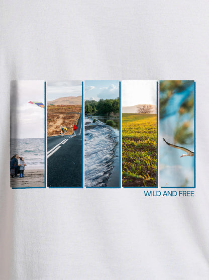 Close up of 'Wild & Free' design on Men's White Round Neck T-shirt, highlighting intricate details and vibrant print.