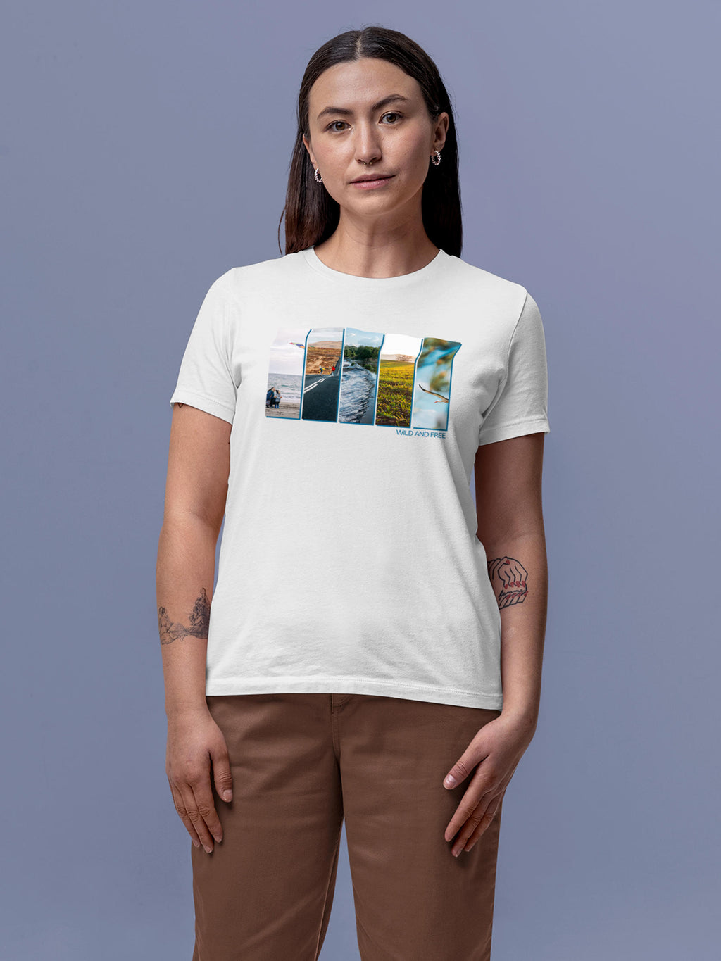 Model wearing Women's White Round Neck T-shirt with 'Wild & Free' design, offering effortless style and premium comfort