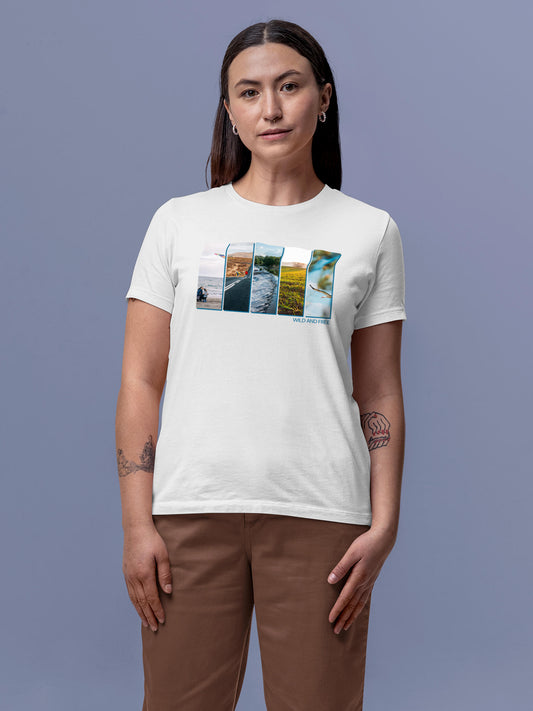 Model wearing Women's White Round Neck T-shirt with 'Wild & Free' design, offering effortless style and premium comfort