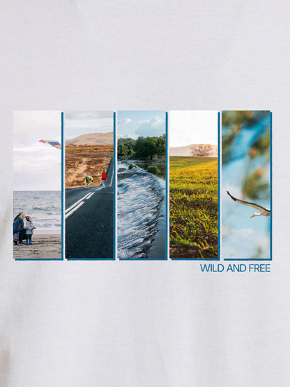 Close up of 'Wild & Free' design on Women's White Round Neck T-shirt, highlighting intricate details and vibrant print.