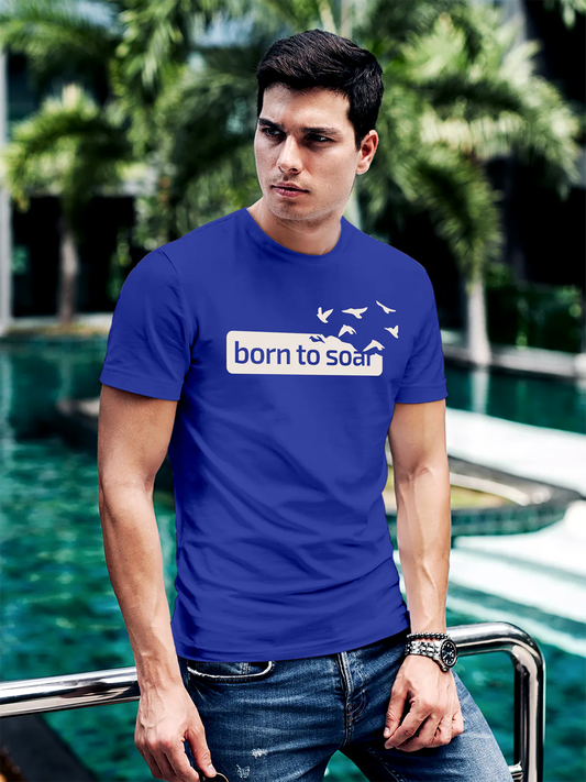 Fighterhero T-shirts: Model wearing Men's Blue Round Neck T-shirt with 'Born To Soar' design