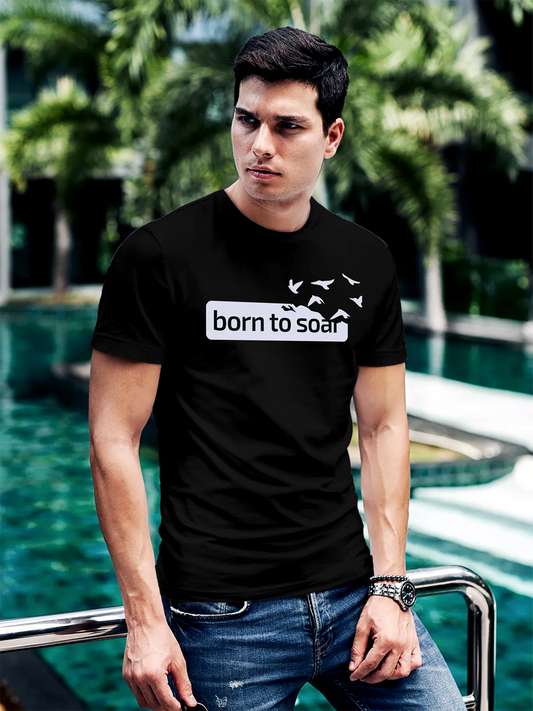 Fighterhero T-shirts: Model wearing Men's Black Round Neck T-shirt with 'Born To Soar' design