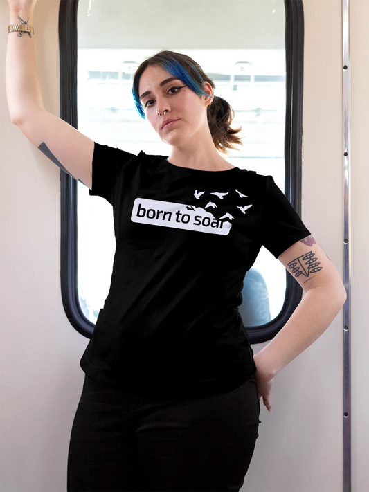 Fighterhero T-shirts: Model wearing Women's Black Round Neck T-shirt with 'Born To Soar' design