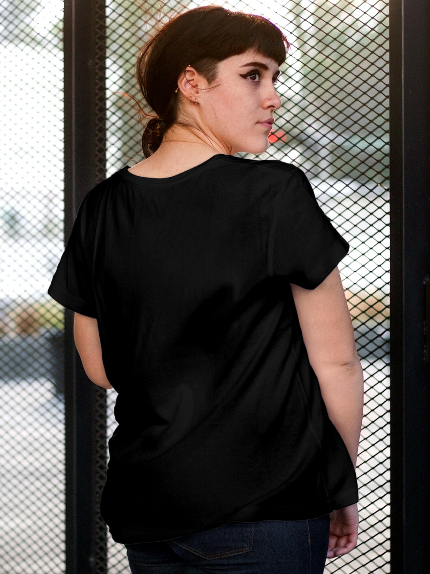 Back view of Fighterhero Women's Black Round Neck T-shirt, highlighting the modern look and clean finish