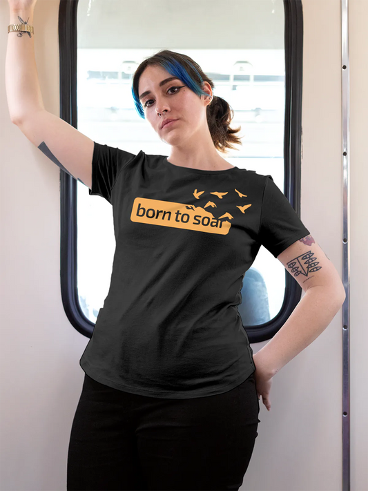 Fighterhero T-shirts: Model wearing Women's Dark Grey Round Neck T-shirt with 'Born To Soar' design