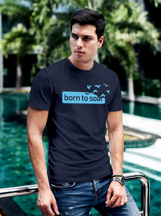 Fighterhero T-shirts: Model wearing Men's Navy Blue Round Neck T-shirt with 'Born To Soar' design
