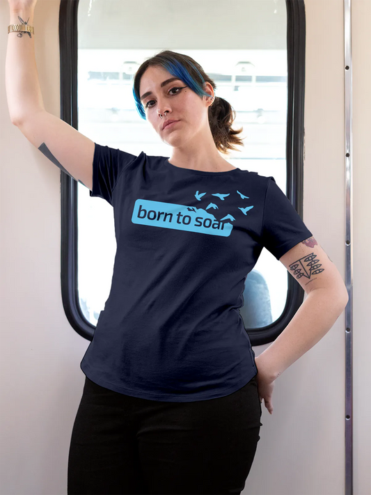 Fighterhero T-shirts: Model wearing Women's Navy Blue Round Neck T-shirt with 'Born To Soar' design