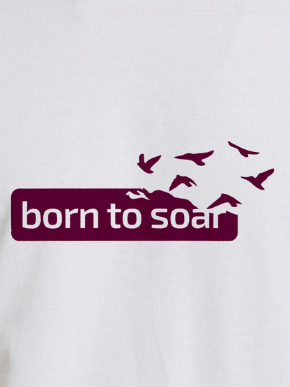 Close up of 'Born To Soar' design on Men's White Round Neck T-shirt, highlighting intricate details and vibrant print.