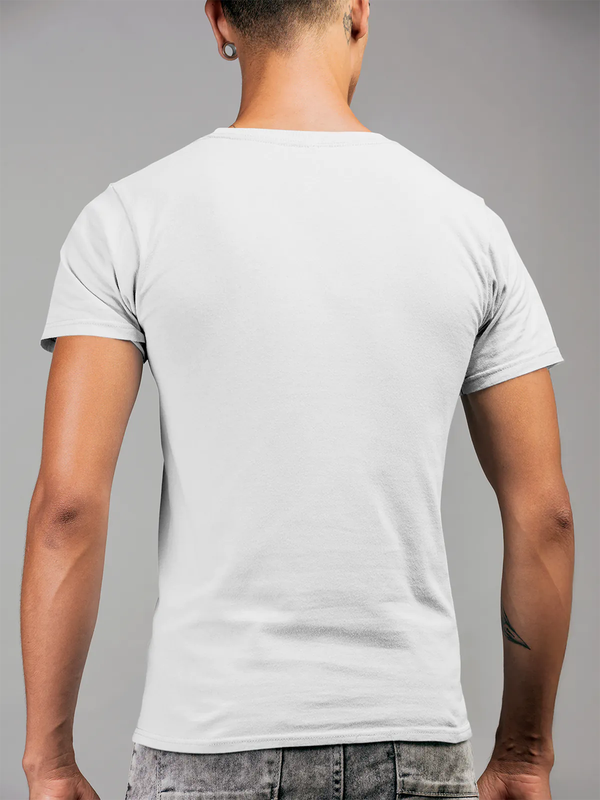 Back view of Fighterhero Men's White Round Neck T-shirt, highlighting the modern look and clean finish