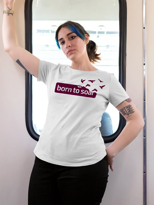 Fighterhero T-shirts: Model wearing Women's White Round Neck T-shirt with 'Born To Soar' design