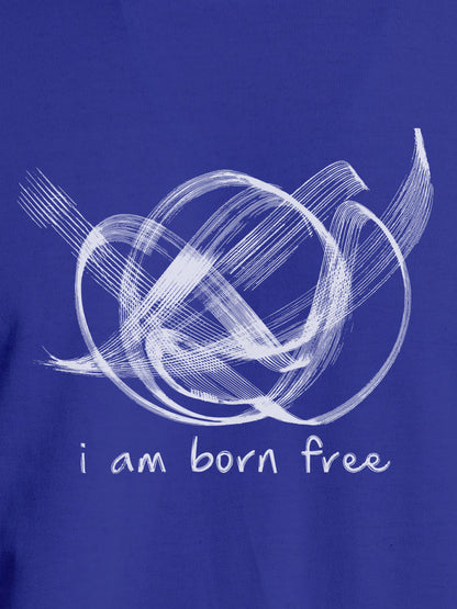 Close up of 'Born Free' design on Women's Blue Round Neck T-shirt, highlighting intricate details and vibrant print.
