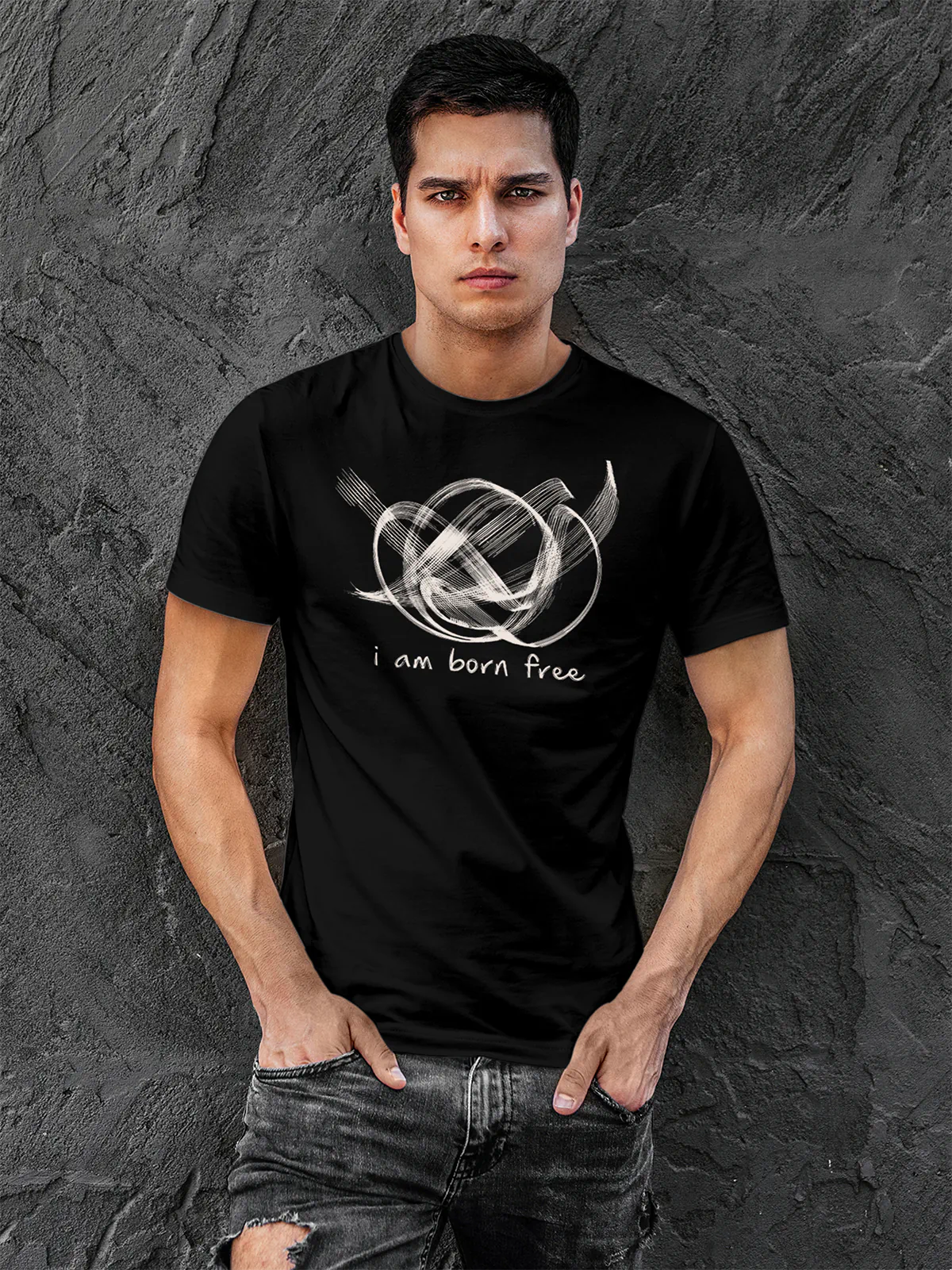 Model wearing Men's Black Round Neck T-shirt with 'Born Free' design, offering effortless style and premium comfort
