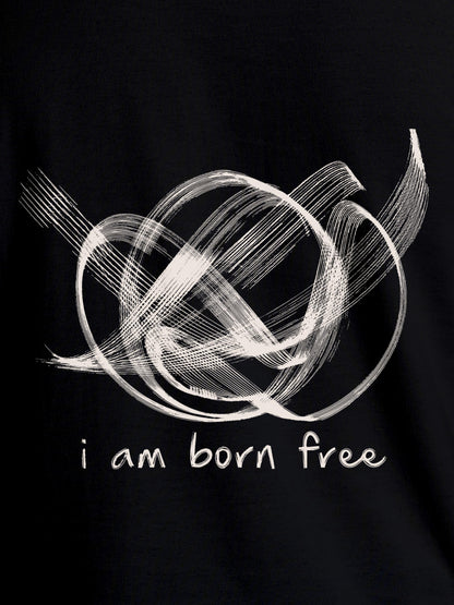 Close up of 'Born Free' design on Men's Black Round Neck T-shirt, highlighting intricate details and vibrant print.