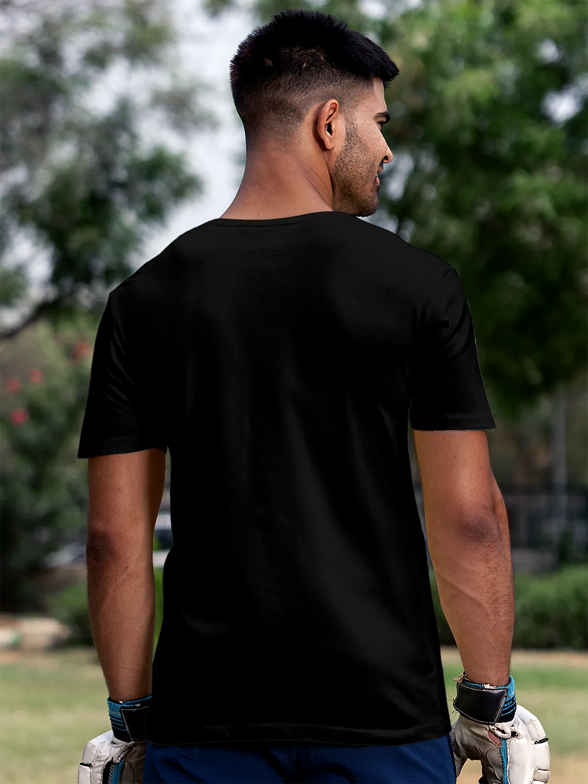 Back view of Fighterhero Men's Black Round Neck T-shirt, highlighting the modern look and clean finish