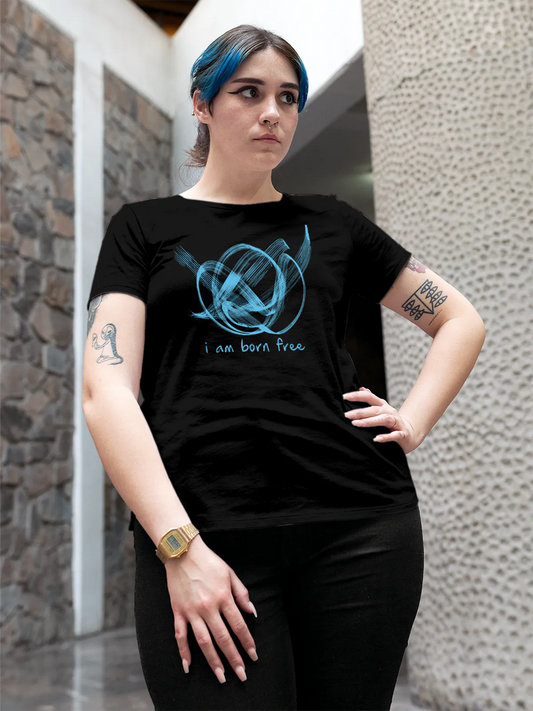 Fighterhero T-shirts: Model wearing Women's Black Round Neck T-shirt with 'Born Free' design