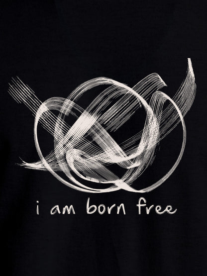 Close up of 'Born Free' design on Women's Black Round Neck T-shirt, highlighting intricate details and vibrant print.