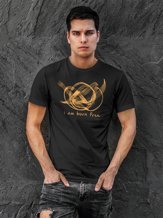 Fighterhero T-shirts: Model wearing Men's Dark Grey Round Neck T-shirt with 'Born Free' design