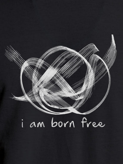 Close up of 'Born Free' design on Women's Dark Grey Round Neck T-shirt, highlighting intricate details and vibrant print.