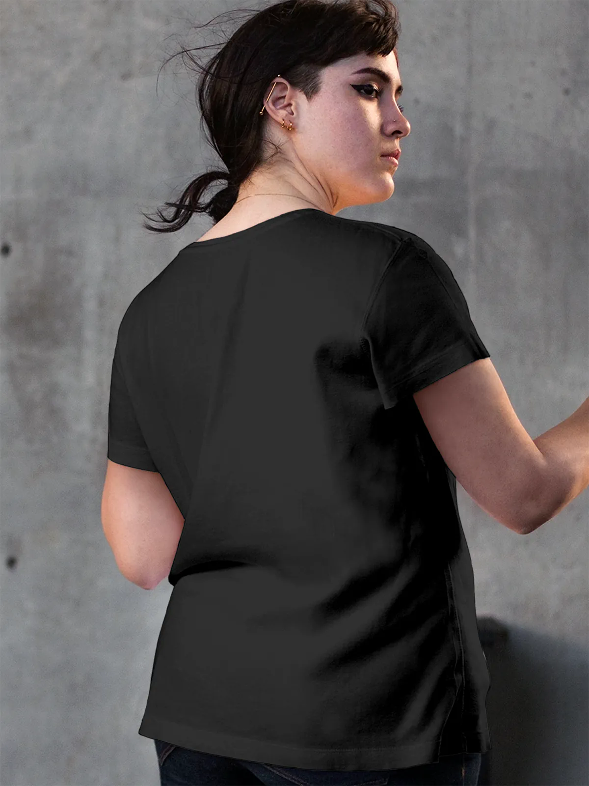 Back view of Fighterhero Women's Dark Grey Round Neck T-shirt, highlighting the modern look and clean finish