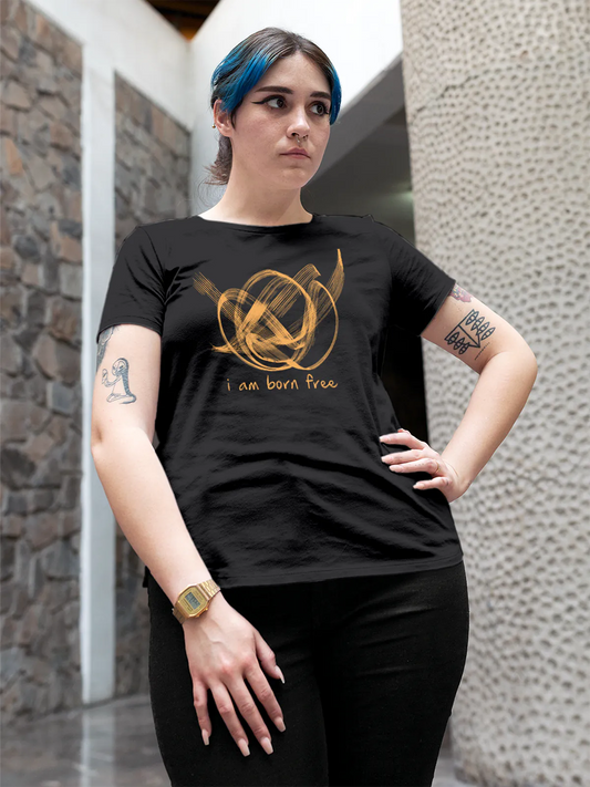 Fighterhero T-shirts: Model wearing Women's Dark Grey Round Neck T-shirt with 'Born Free' design