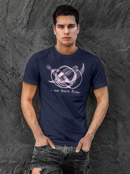 Model wearing Men's Navy Blue Round Neck T-shirt with 'Born Free' design, offering effortless style and premium comfort