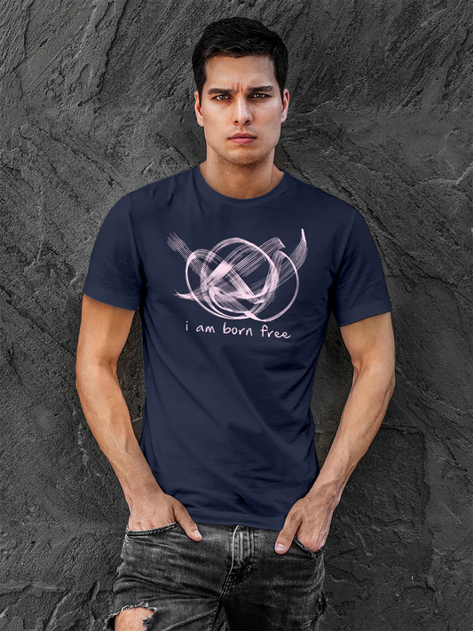 Fighterhero T-shirts: Model wearing Men's Navy Blue Round Neck T-shirt with 'Born Free' design