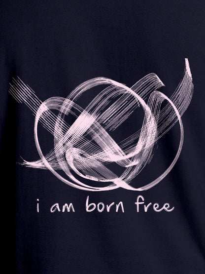 Close up of 'Born Free' design on Men's Navy Blue Round Neck T-shirt, highlighting intricate details and vibrant print.