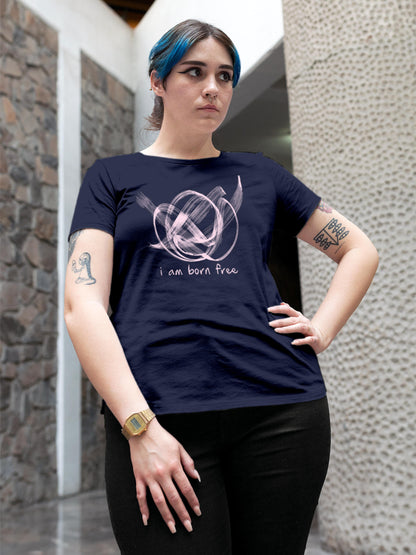 Model wearing Women's Navy Blue Round Neck T-shirt with 'Born Free' design, offering effortless style and premium comfort