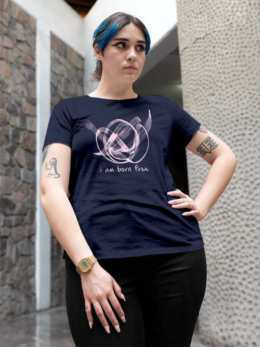 Fighterhero T-shirts: Model wearing Women's Navy Blue Round Neck T-shirt with 'Born Free' design